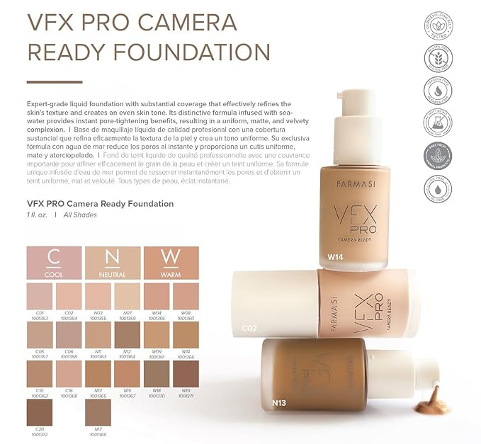 FARMASi Vfx Pro Foundation, Full Coverage Liquid Cream, Lightweight Long Lasting Coverage, Breathable Skin Moisturizer with Color True Matte Blending, Face Makeup, 1 fl. oz / 30 ml - Neutral Medium 13-Velvo Beauty
