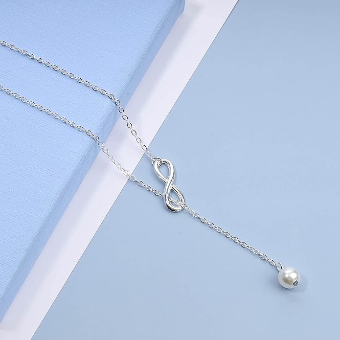 Boho Pearl Infinity Necklace Silver Y Pearl Necklace Minimalist Chain Y Lariat Necklace Chain Jewelry for Women and Girls-Velvo Beauty