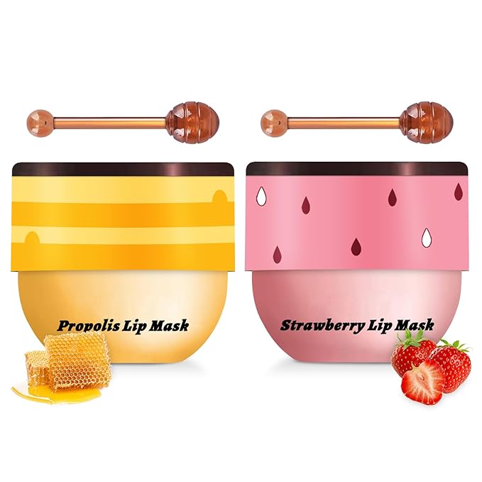 2 PCS Bee Lip Balm Honey Pot, Honey & Strawberry Lip Mask Overnight Propolis Moisturizing Lip Balm Hydrating Prevention Dry and Crack Lip Scrubs Exfoliator Lip Wrinkle Care (Honey&Strawberry)-Velvo Beauty