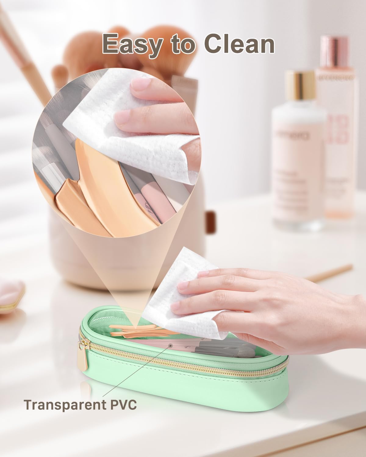 Clear Travel Makeup Brush Holder, Leather Makeup Brush Toiletry Bag, Portable Cosmetic Brush Case, Transparent Waterproof Makeup Brush Storage Bag, Mint Green-Velvo Beauty