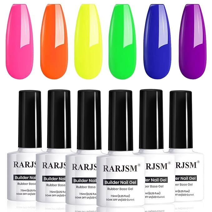 RARJSM Rubber Base Gel for Nails,Neon Gel Nail Polish Set,Neon Orange Green Blue Purple Yellow Rose Red Builder Base Gel in a Bottle ExtensionGel Bright Summer Colors LED UV Cured Home Salon DIY-Velvo Beauty