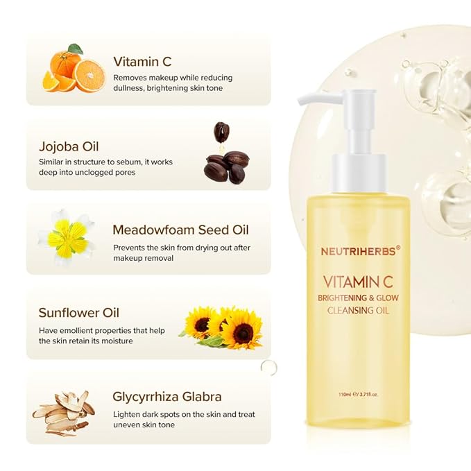 Neutriherbs Makeup Remover Oil Cleanser, Vitamin C Cleansing Oil for Long Last and Waterproof Makeup, Sunscreen, Fit All Skin Type - 3.71 Fl.Oz-Velvo Beauty