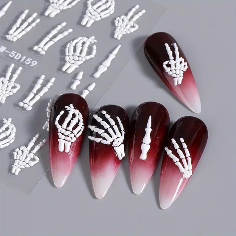 Halloween Nail Art Stickers Decals 3PCS Skeleton Nail Decals 5D Embossed Skull Nail Stickers White Hand Bones Finger Skeleton Halloween Nail Art Supplies Self-Adhesive Manicure Decorations-Velvo Beauty