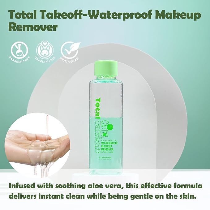 Total Takeoff Waterproof Makeup Remover – Dual-Phase Oil & Water Formula, Removes Eye & Lip Makeup, Gentle for Sensitive Skin, Aloe & Argan Oil, No-Rinse, 3.4 fl oz/100ml-Velvo Beauty