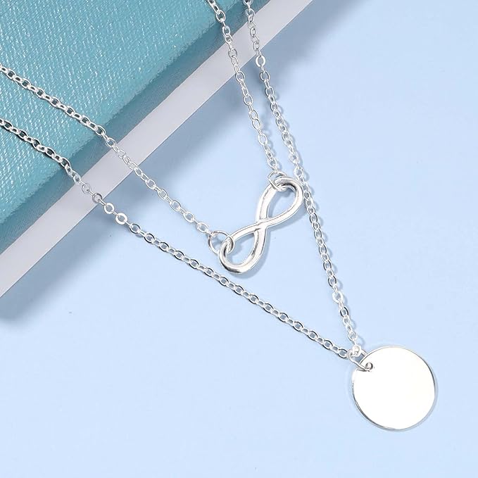 Boho Layered Infinity Coin Necklace Choker Silver Disc Pendant Necklace Forever Necklace Vintage Circle Choker Necklace Chain Jewelry for Women and Girls Gifts for Her-Velvo Beauty