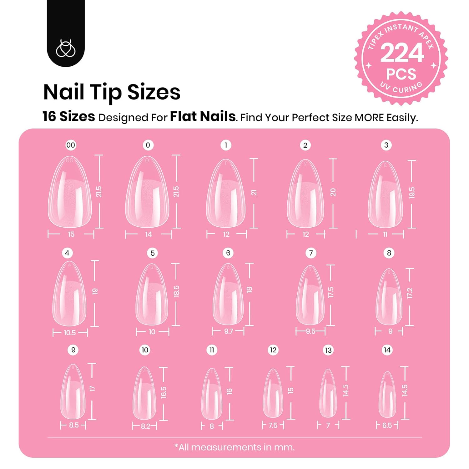 Beetles Tipex Instant Apex Nail Tips Kit, Almond Short, 224Pcs 16 Sizes, with Tipex UV Nail Glue Mini Nail Lamp,Pre-Building & Pre-Etched Thicker Acrylic Nails False Nail Extension-Velvo Beauty