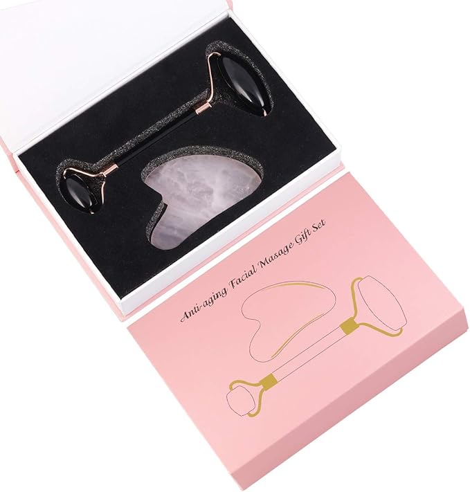 mookaitedecor Obsidian Roller & Rose Quartz Gua Sha Scraping Massage Tool Set, Face Massager for Wrinkles, Anti Aging-Velvo Beauty