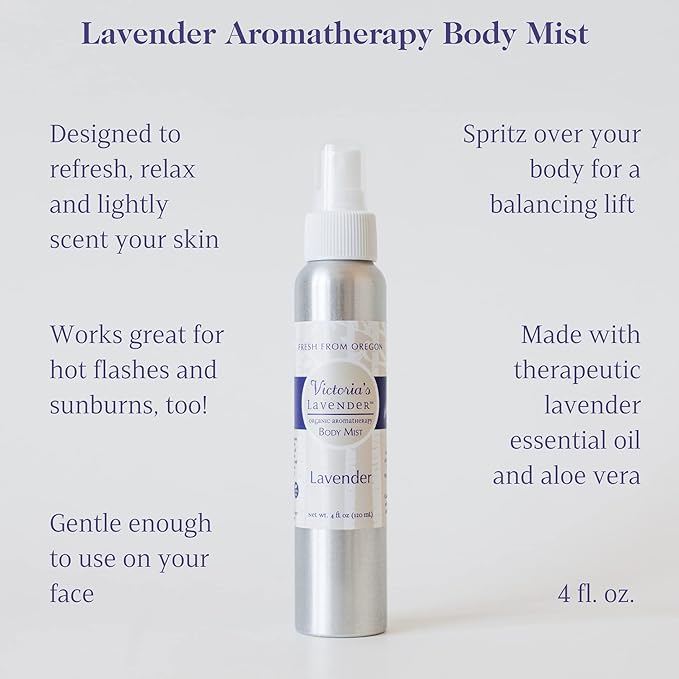 Victoria's Lavender Aromatherapy Body Mist Spray - After Sun Solar Recovery Spray with Aloe Vera plus Lavender Essential Oil - Hydrating, Moisturizing Aloe Vera Mist, Made in the USA, 4 oz (120 ml)-Velvo Beauty