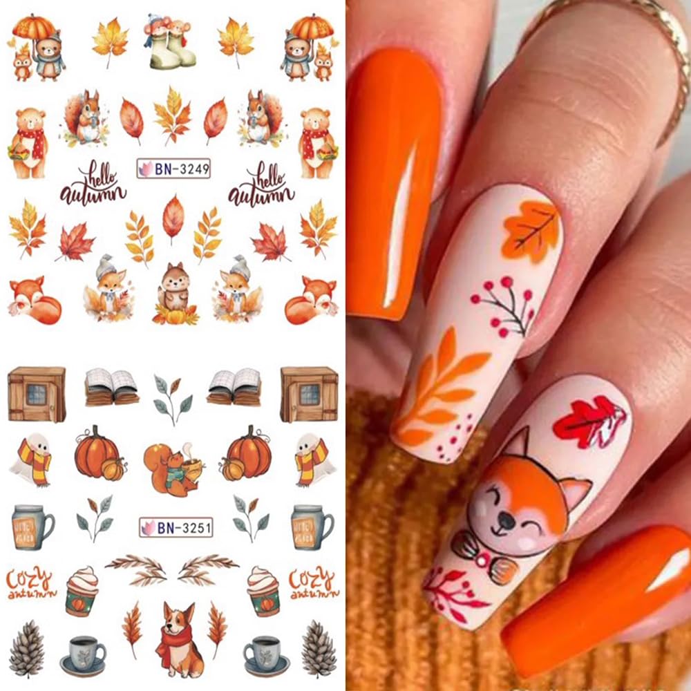 Fall Maple Leaf Nail Art Stickers for Thanksgiving Day Accessories - Autumn Water Transfer Decals With Fall Harvest Pumpkin Squirrel Bird Watermark Slider Foils for Women-Velvo Beauty