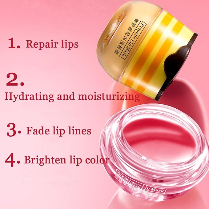 2 Pcs Bee Lip Balm Honey Pot,Honey & Strawberry Lip Mask Propolis Moisturizing Lip Balm with Stick,Prevention Dry and Cracked Lip Scrubs,Exfoliator Lip Wrinkle Skin Care Products-Velvo Beauty