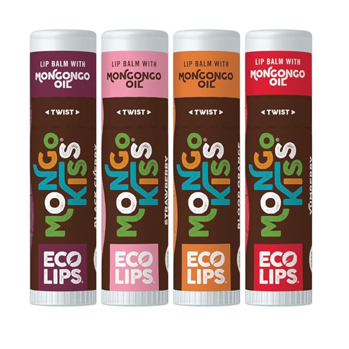 Eco Lips Mongo Kiss Organic Lip Balm 4 Pack Blood Orange, Yumberry, Strawberry Lavender, Black Cherry - 100 Percent USDA Organic - Soothe, Moisturize Dry-Velvo Beauty