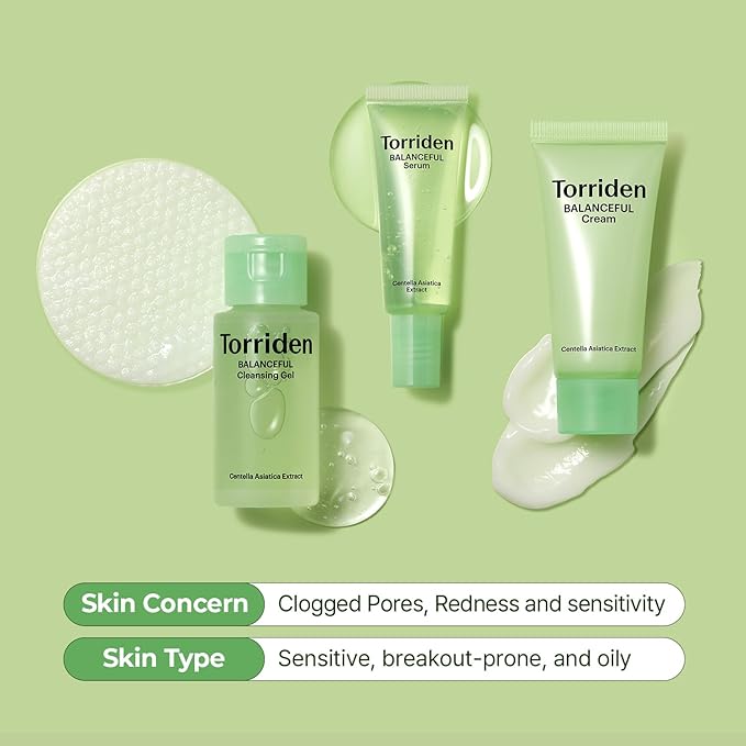 Torriden BALANCEFUL Cica Trial Kit, Gotu Kola Infused Daily Skincare Kit - 4 Step Regimen with Cleansing Gel, Toner Pad, Serum, and Cream | Vegan, Hypoallergenic Korean Skin Care-Velvo Beauty