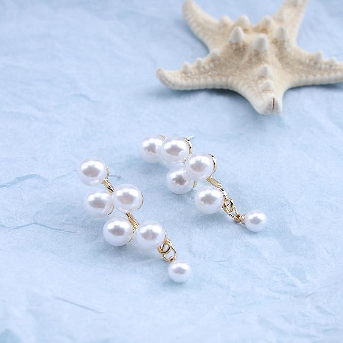 Boho Pearl Drop Earrings Long Pearl Tassel Earrings Gold Cluster Pearl Stud Earrings Bridal Pearl Earrings Wedding Earrings Jewelry for Women-Velvo Beauty
