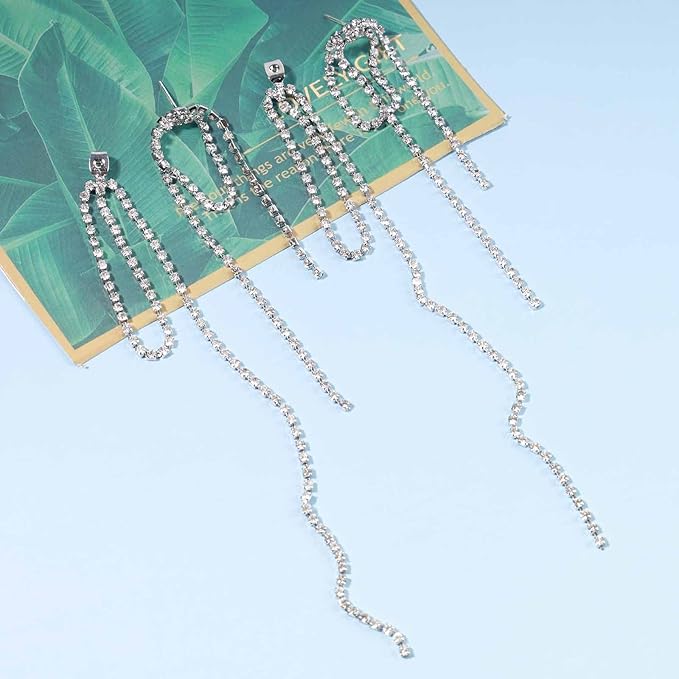 Rhinestone Tassel Ear Jacket Earrings Long Rhinestone Chain Earrings Silver Crystal Tassel Earrings Vintage Chandelier Chain Earrings Luxury Statement Earrings Jewelry for Women and Girls Gifts-Velvo Beauty