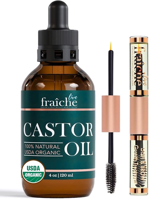 Live Fraiche Organic Castor Oil (4oz) + Filled Mascara Tube, 100% USDA Pure, Cold Pressed, Hexane Free Lash Serum Hair Growth Oil for Eyelashes, Eyebrows, Hair - Brow and Hair Treatment Oil-Velvo Beauty