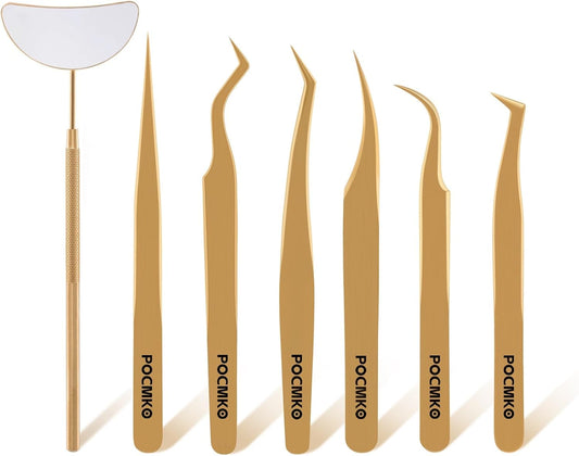Lash Tweezers for Eyelash Extensions, Professional Eyelash Tweezer Set, Lash Extension Tweezer Kit (Set of 7, Gold)-Velvo Beauty