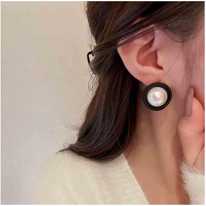 Vintage Mermaid Pearl Stud Earrings Half Pearl Earrings Black Enamel Circle Earrings Mermaid Stud Earrings Jewelry for Women and Girls-Velvo Beauty