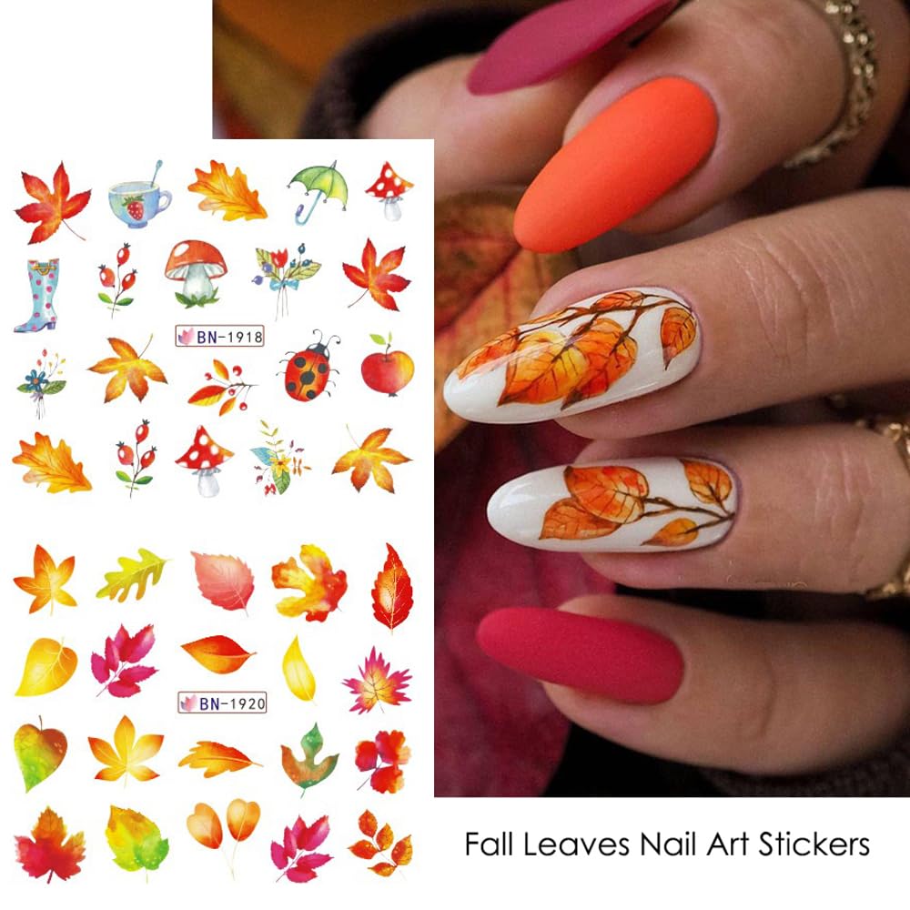 Fall Maple Leaf Nail Art Stickers Autumn Nail Art Water Decals Transfer Nail Supplies Maple Leaves Turkey Pumpkin Design Slider Sticker for Women Acrylic Nail Fall Thanksgiving Nail Decorations 12 PCS-Velvo Beauty