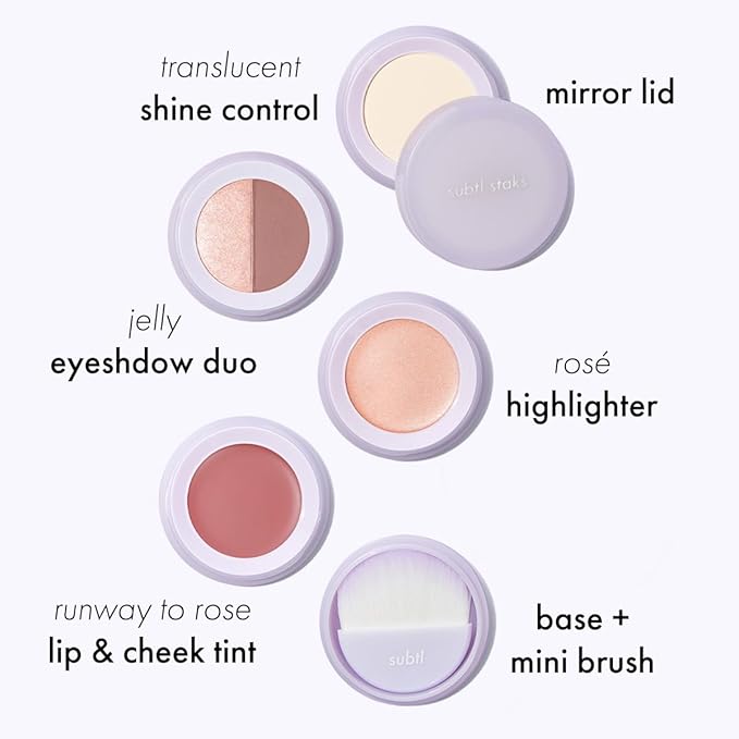 Subtl Beauty 4-in-1 travel makeup kit by subtl staks | eyeshadow duo, shine control powder, cream highlighter, lip and cheek | includes mirror lid and mini brush | stackable makeup designed for travel-Velvo Beauty