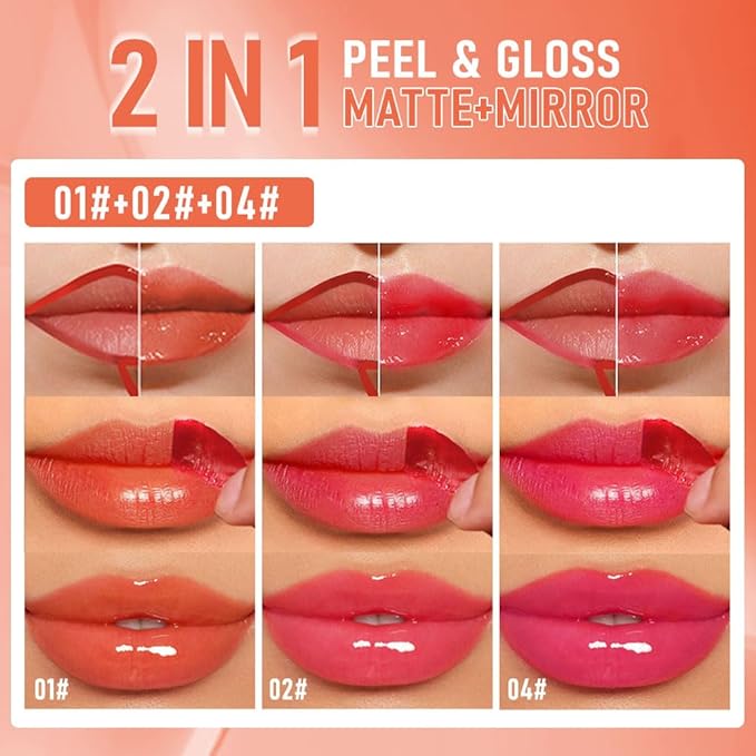 3Pcs Peel Off Lip Gloss Tattoo and Lip Oil, Lip Stain Peel Off Masque - Peel Off Lip Tint ,Long Lasting Waterproof Transfer-proof Lip Mask Lip Gloss Peel Off Lip Liner,Stay Lip Makeup 01#+02#+04#-Velvo Beauty