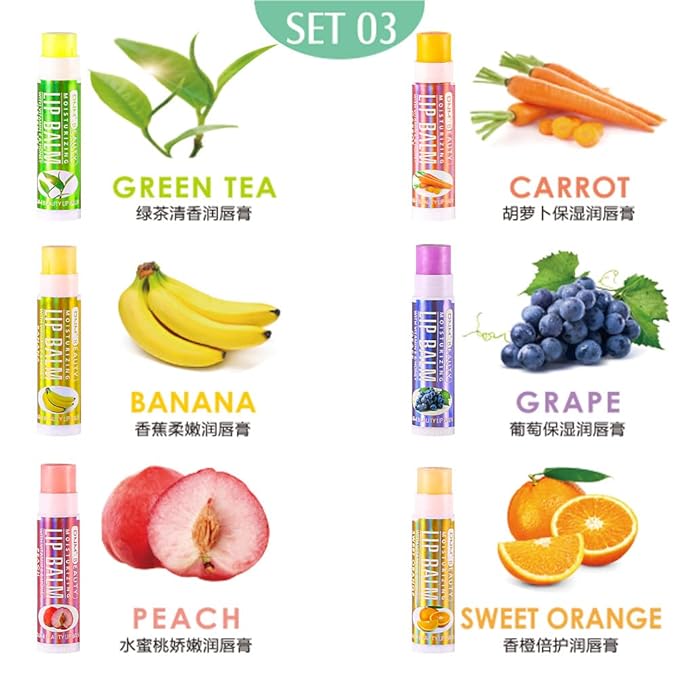 evpct 6Pcs Classic Fruit Flavour Flavored Lip Balm Set for Lip Care Chafed Chapped Cracked Lips, Natural Vitamin E & Honey Green Tea Carrot Banana Grape Peach Orange Moisturizing Mens Kids Lip Balm 3-Velvo Beauty