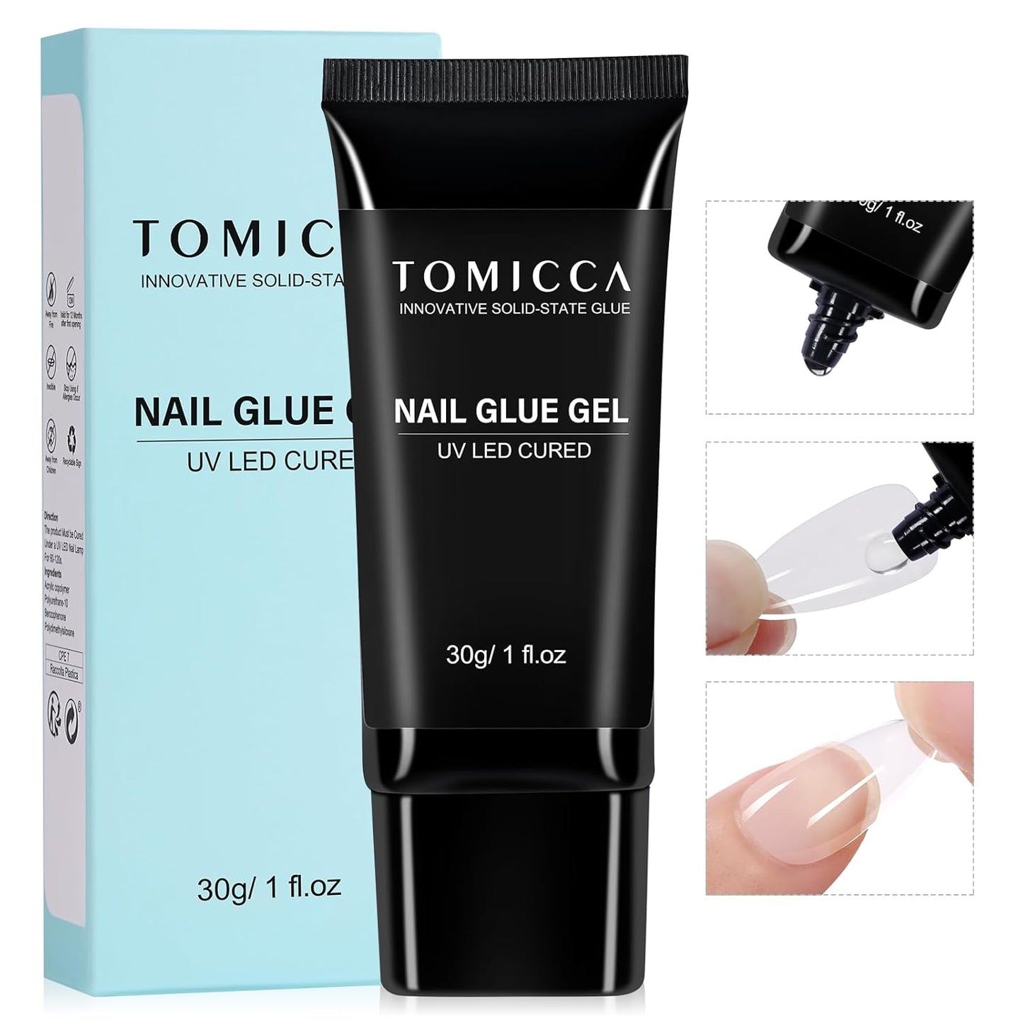 TOMICCA 4 in 1 Nail Glue for Press Ons 30g Gel Nail Glue Strong for Acrylic Nails Lamp Curing Needed UV-Velvo Beauty