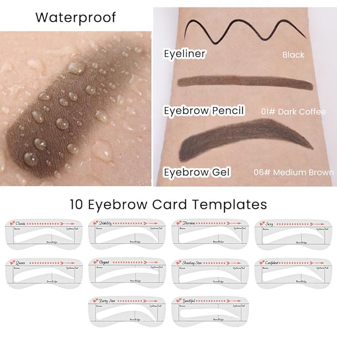evpct Eyebrow Stencils Kit for Women Shaping, Eyebrow Shaper Makeup Kit, Eye Brow Stencil Shaper Tinting kits for Women, with Eyeliner, Eyebrows Pencil, Pomade, Brush and 10 Stencils, 06# MEDIUM BROWN-Velvo Beauty