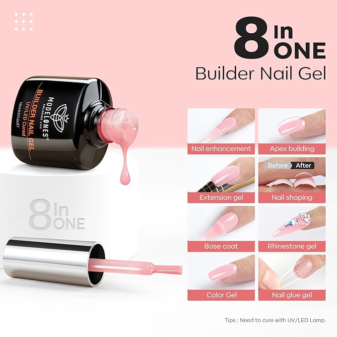 modelones Builder Nail Gel, 8-in-One Neutral Nude Pink Builder for Nail Thickening Apex Building, Rose Blush Pink Rubber Color Base LED Lamp Cured Strengthener Extend Hard Gel Polish for DIY Salon-Velvo Beauty