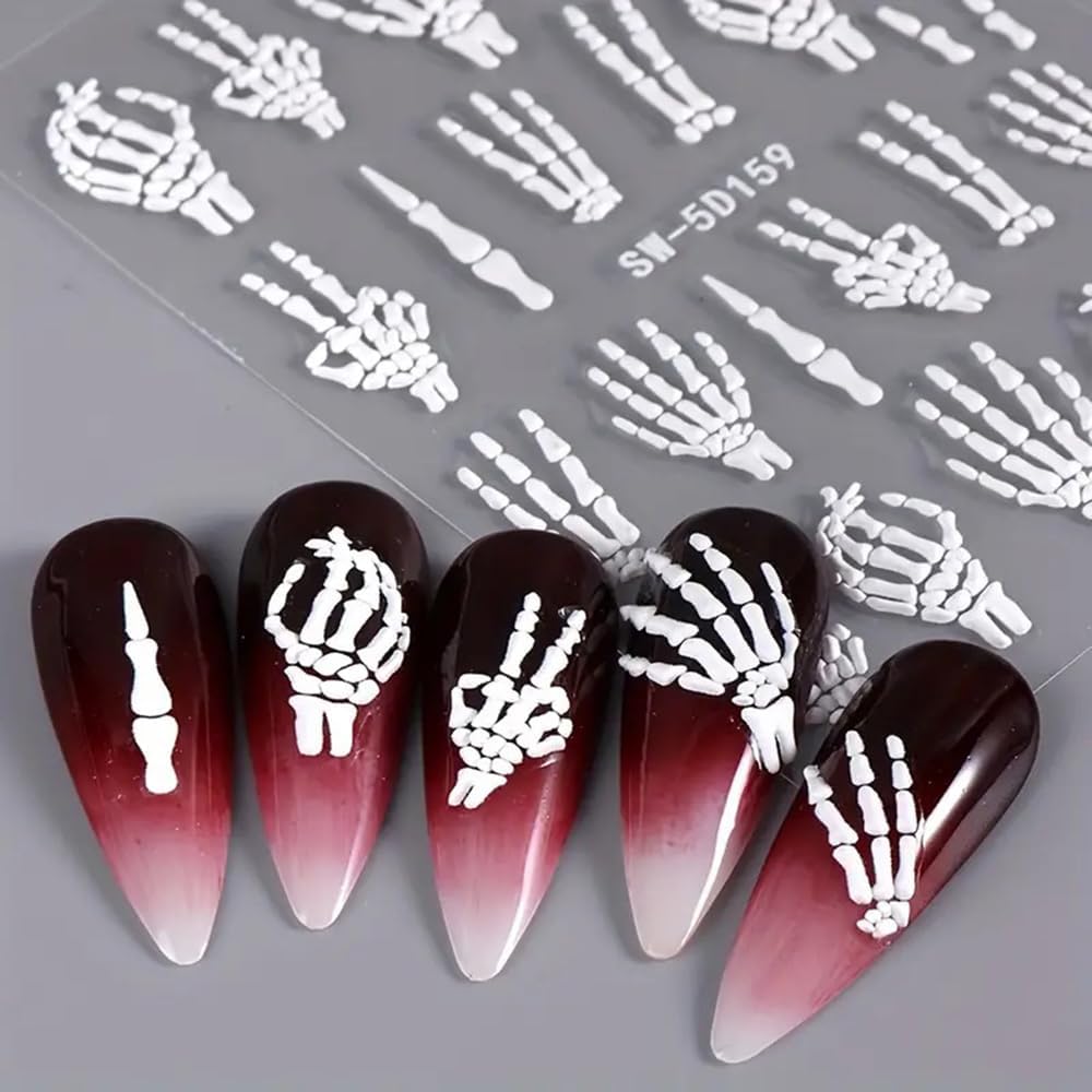 Halloween Nail Art Stickers Decals 3PCS Skeleton Nail Decals 5D Embossed Skull Nail Stickers White Hand Bones Finger Skeleton Halloween Nail Art Supplies Self-Adhesive Manicure Decorations-Velvo Beauty