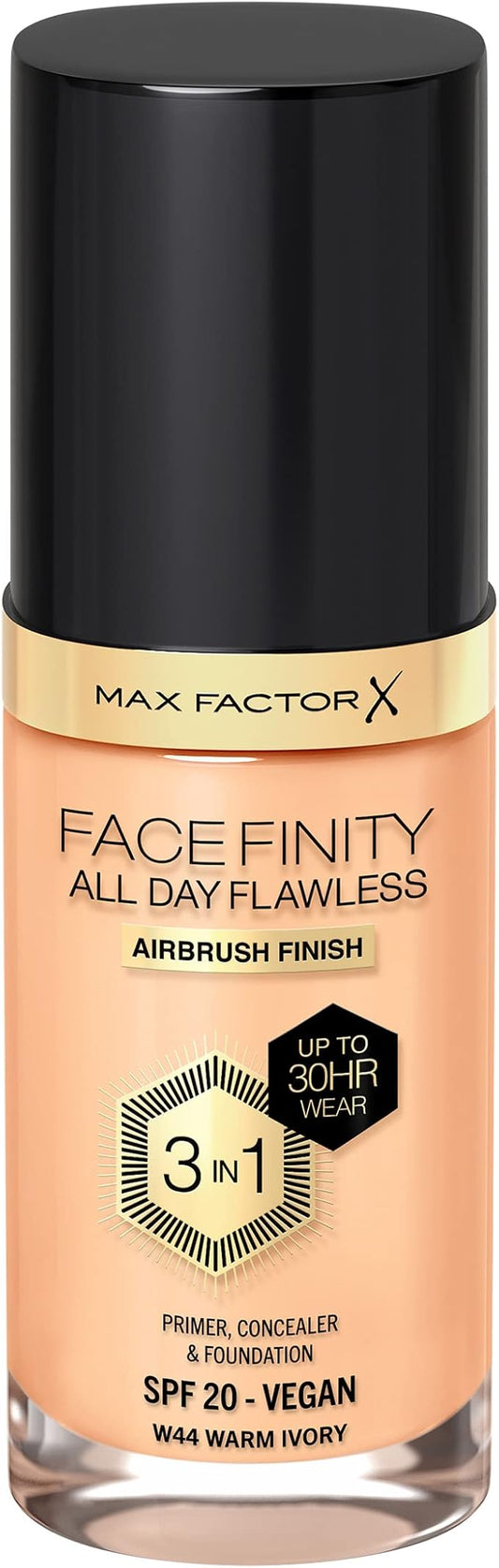 Max Factor Facefinity 3-in-1 All Day Flawless Liquid Foundation, SPF 20-44 Warm Ivory, 30 ml-Velvo Beauty