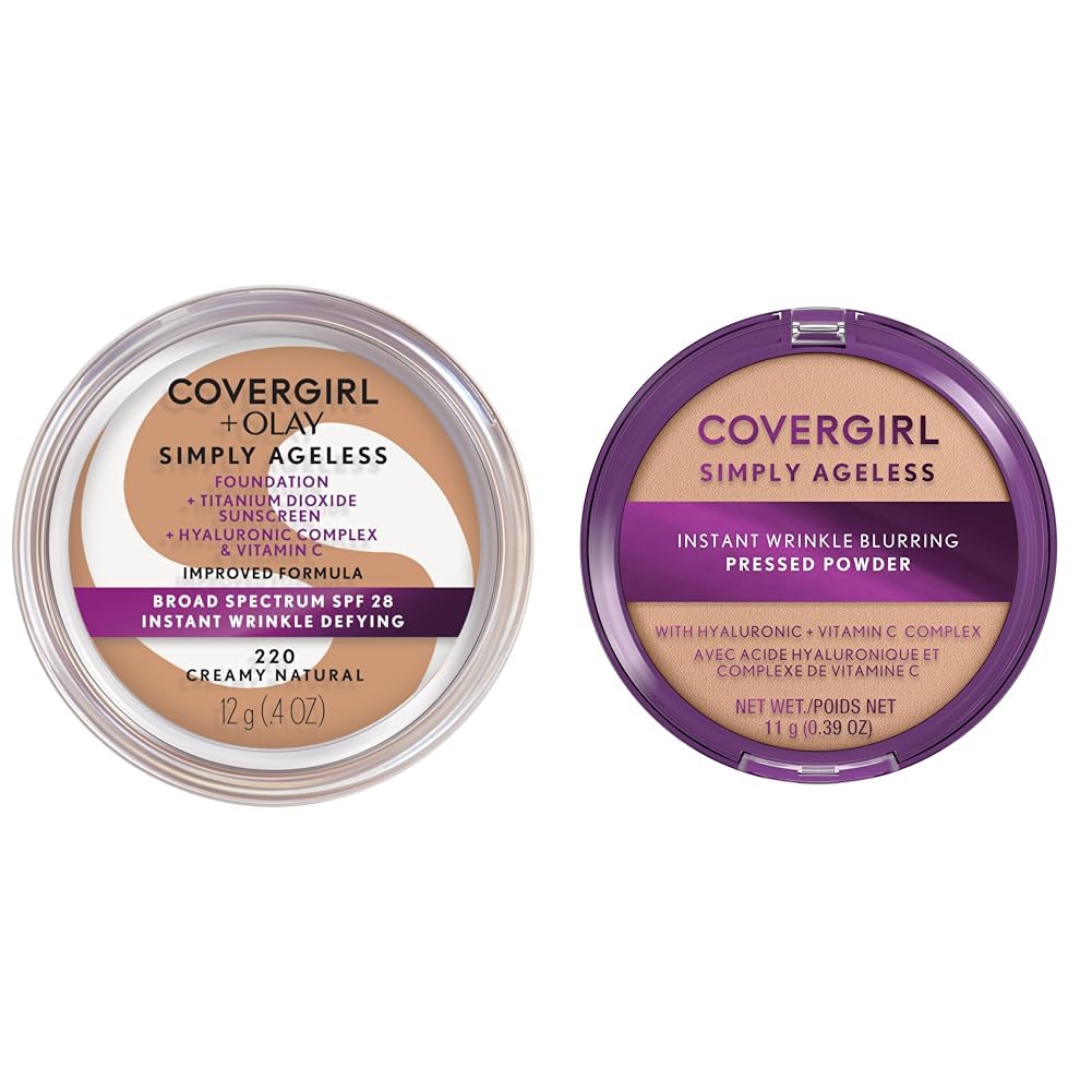 COVERGIRL Simply Ageless Instant Wrinkle-Defying Foundation Creamy Natural 0.44 Fl Oz & Instant Wrinkle Blurring Pressed Powder Classic Ivory 0.39 Oz-Velvo Beauty