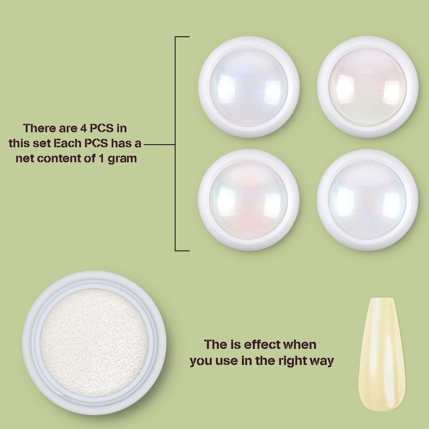 Artdone 4 Jars Chrome Nail Powder Metallic Mirror Effect Pigment Chrome Iridescent Aurora Nail Glitter Mermaid White Pearl Glitter Dust Kit for Gel Polish Nail Art Decoration, Resin Craft-Velvo Beauty