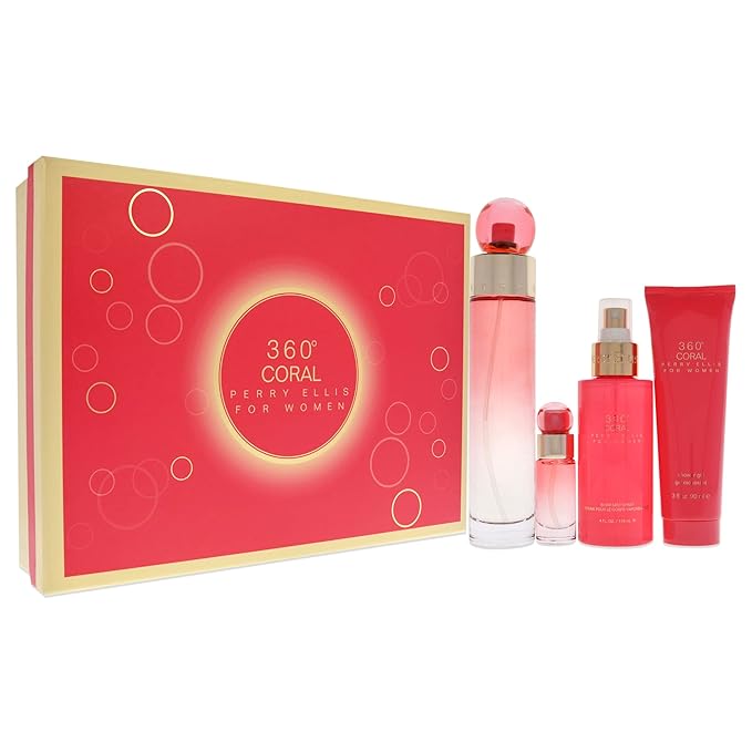 Perry Ellis 360 Coral 3.4oz EDP Spray, 4oz Body Mist, 3oz Shower Gel, 0.25oz EDP Spray Women 4 Pc Gift Set-Velvo Beauty