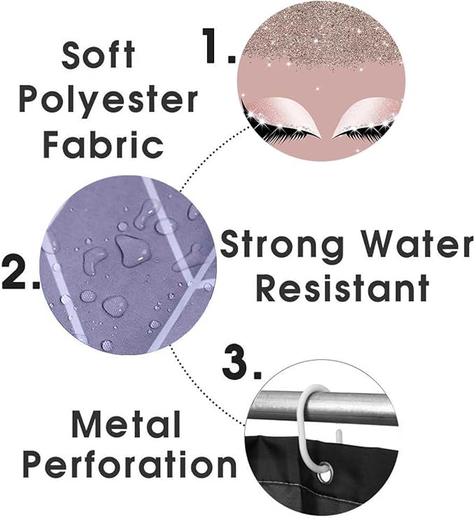 4PCS Hello Gorgeous Shower Curtain Sets with Rugs, Rose Gold Glitter Bling Glam Makeup Diamond Unicorn Eyelash Bathroom Decor, Waterproof Fabric Pink Shower Curtain Girly Gifts for Girls Women-Velvo Beauty