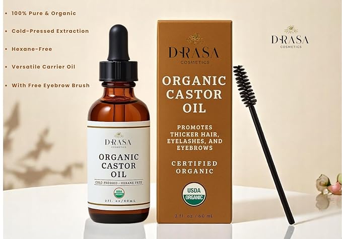 Organic Castor Oil– 100% Pure, Extra Virgin (2oz Glass Bottle), Cold-Pressed, Hexane-Free, Promotes Growth of Hair, Eyebrows & Eyelashes, For Castor Oil Packs, With Free Eyebrow Brush-Velvo Beauty
