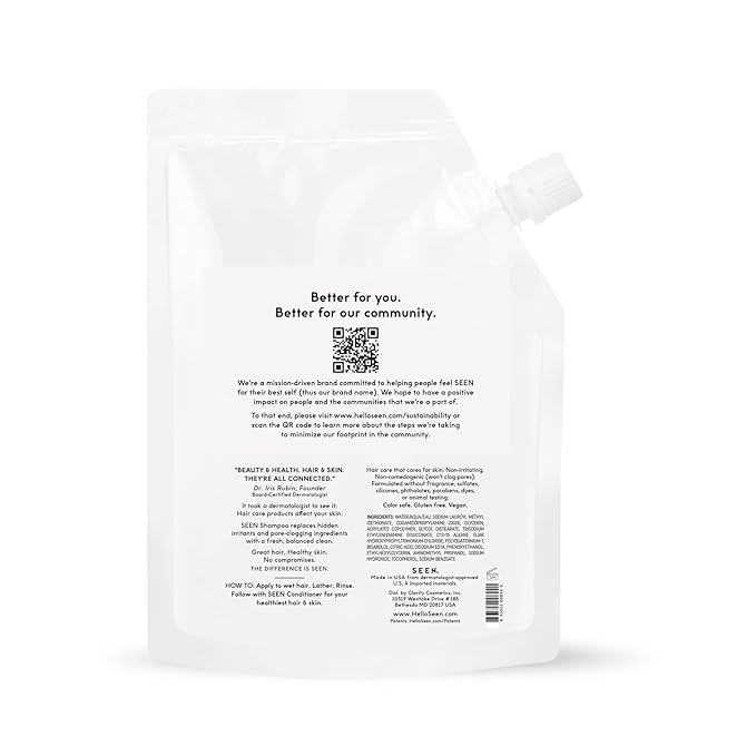SEEN Shampoo Eco-Refill, Fragrance Free - Non-Comedogenic & Sulfate-Free Hair Shampoo- Dermatologist-Developed - Safe for Sensitive, Eczema & Acne Prone Skin-Velvo Beauty