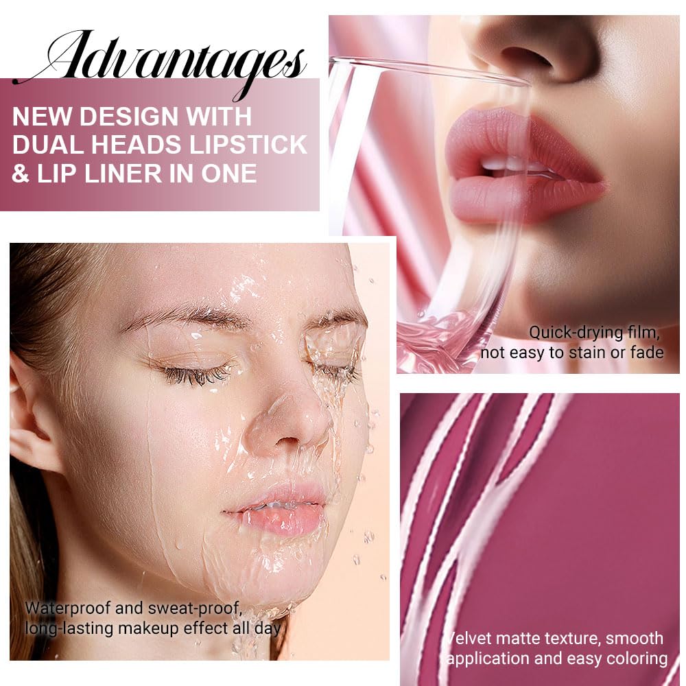evpct 1Pcs Rose Plum Neutral Matte Lip Liner and Liquid Lipstick Stain Makeup Set for women, Rose Long Lasting Smudge Proof Lipstick labiales matte mate larga duracion listip 24 hours originales, 28#-Velvo Beauty