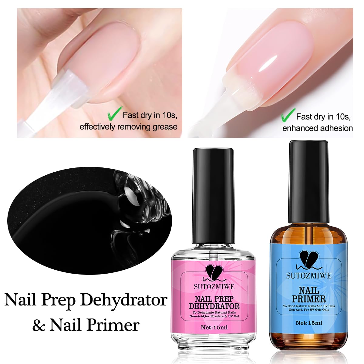 15 ml Nail Dehydrator and Primer Set, Acid Free Natural Prep Dehydrate & Bond Primer, Professional Nail Prep Kit for Acrylic Nails Gel Polish Manicure Nails Supplies Fast Dry-Velvo Beauty
