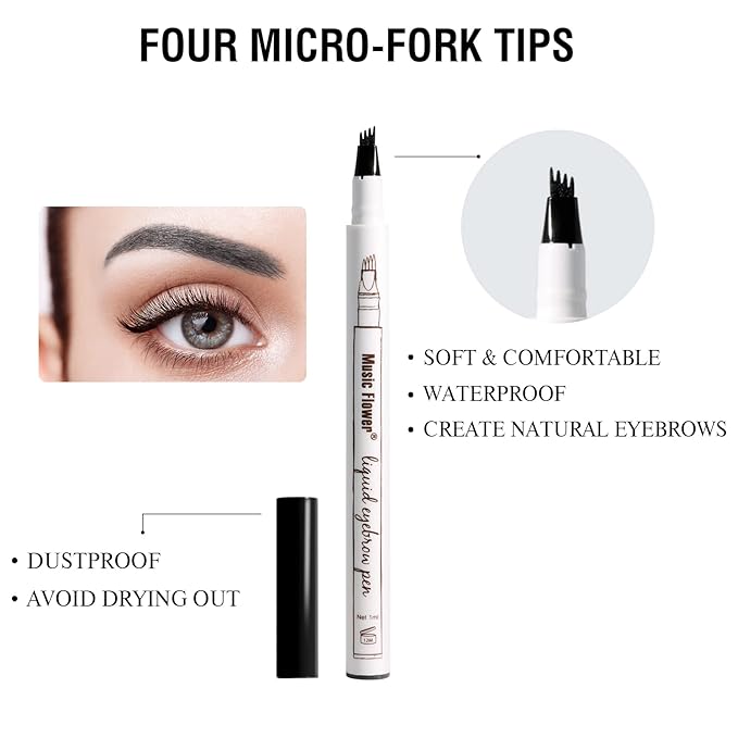 Music Flower Eyebrow Pencil, Liquid Eyebrow pen, Smudgeproof Long Lasting Fine Sketch Brow Pen with Micro-Fork Tip,Waterproof Microblading Pen-Black-Velvo Beauty