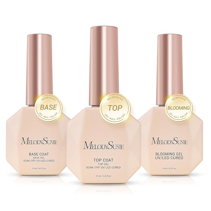 MelodySusie No Wipe Glossy Top Coat Base Coat Blooming Gel Set Long Lasting Shine Finish Soak Off UV LED Nail Lamp Nail Art Design Manicure Kit Perfect Gifts for Women Girls 3 Pcs 15ml Clear-Velvo Beauty