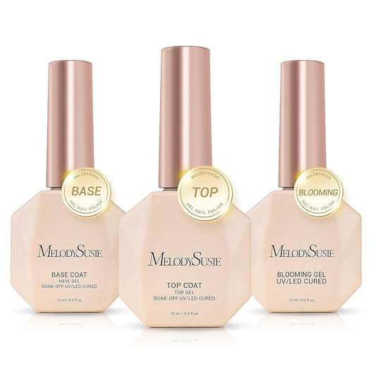 MelodySusie No Wipe Glossy Top Coat Base Coat Blooming Gel Set Long Lasting Shine Finish Soak Off UV LED Nail Lamp Nail Art Design Manicure Kit Perfect Gifts for Women Girls 3 Pcs 15ml Clear-Velvo Beauty