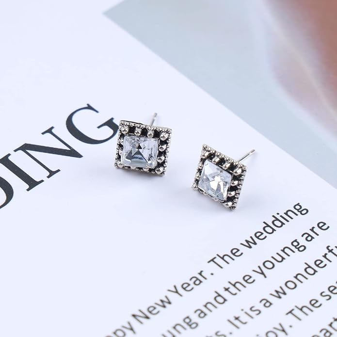 Boho Tiny Crystal Square Earrings Silver Cz Square Earrings Cz Rhinestone Square Stud Earrings Silver Geometric Earrings Jewelry for Women and Girls-Velvo Beauty