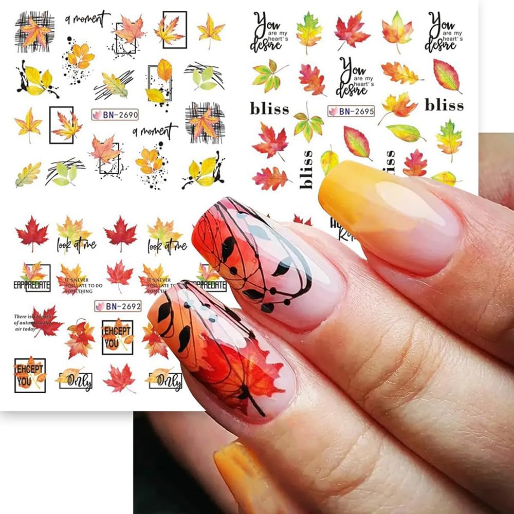 Fall Thanksgiving Nail Art Stickers Decals, 12 Sheets Maple Leaf Design Water Transfer Nail Decals Autumn Thanksgiving Nail Art Decoration Abstract Leaves Ginkgo Slider Nail Foils for Women DIY Supply-Velvo Beauty