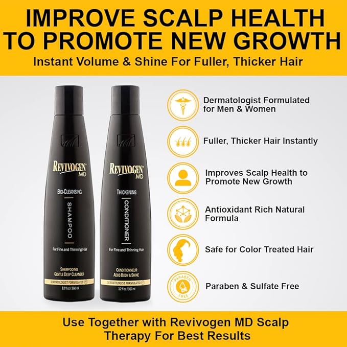 Revivogen MD Bio-Cleansing Shampoo and Conditioner for Thinning Hair, DHT Blocker Shampoo, Hair Loss Shampoo, Shampoo Thinning Hair, Conditioner for Thinning Hair, Hair Loss Conditioner 12oz-Velvo Beauty