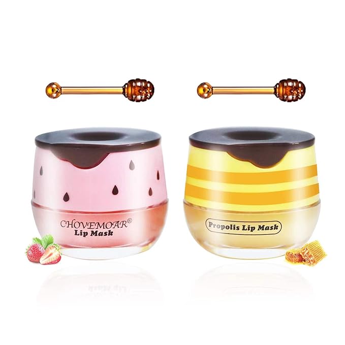 2PCS Honey Balm & Strawberry Lip Balm, Honey Lip Balm, Lip Masks for Dry and Cracked Lips with Brush, Lip Exfoliator & Moisturizer, Reduces Lips Lines & Lightens Lips, Anti-Wrinkle, Aging-Velvo Beauty