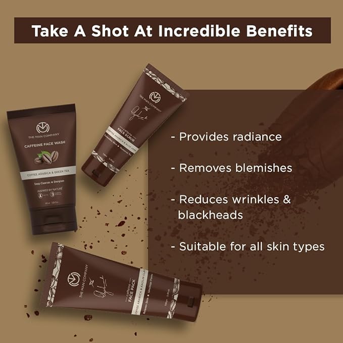 The Man Company Coffee Face Care Kit with Face Wash, Face Scrub, Face Pack | Cleanses, Detoxifies, Relaxes, Glowing and Brightening Skin - Pack of 3-Velvo Beauty