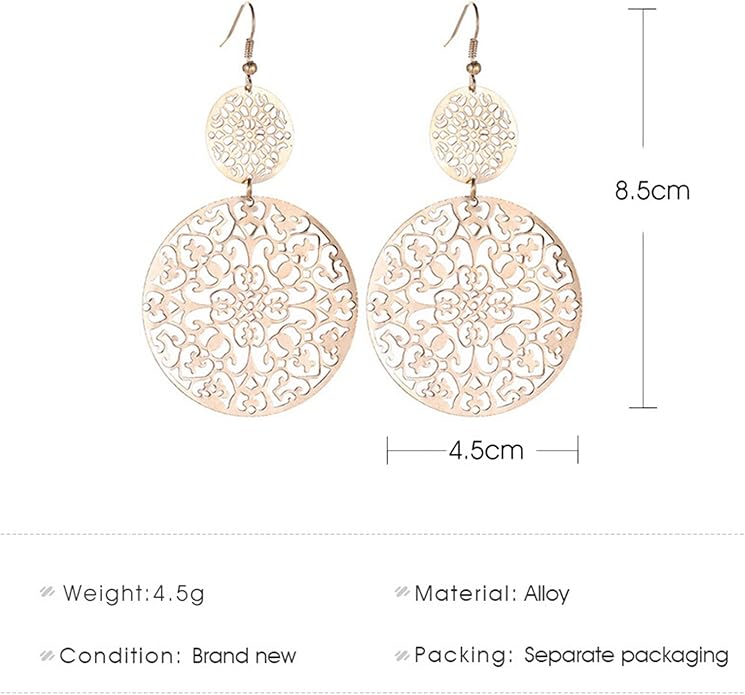 Filigree Hollow Disc Dangle Drop Earrings Boho Gold Ethnic Carved Flower Earrings Double Round Disc Drop Earrings Statement Hook Earrings Wedding Bridesmaid Jewelry for Women and Girls-Velvo Beauty