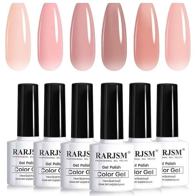 RARJSM Nude Gel Polish Set Jelly Pink Collection of 6 Transparent Natural Colors Sheer Pink Milky Mavue Purple Light Brown French Manicure LED UV Gel Nail Polish Soak Off Curing Requires Home Salon-Velvo Beauty