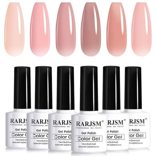 RARJSM Nude Gel Polish Set Jelly Pink Collection of 6 Transparent Natural Colors Sheer Pink Milky Mavue Purple Light Brown French Manicure LED UV Gel Nail Polish Soak Off Curing Requires Home Salon-Velvo Beauty