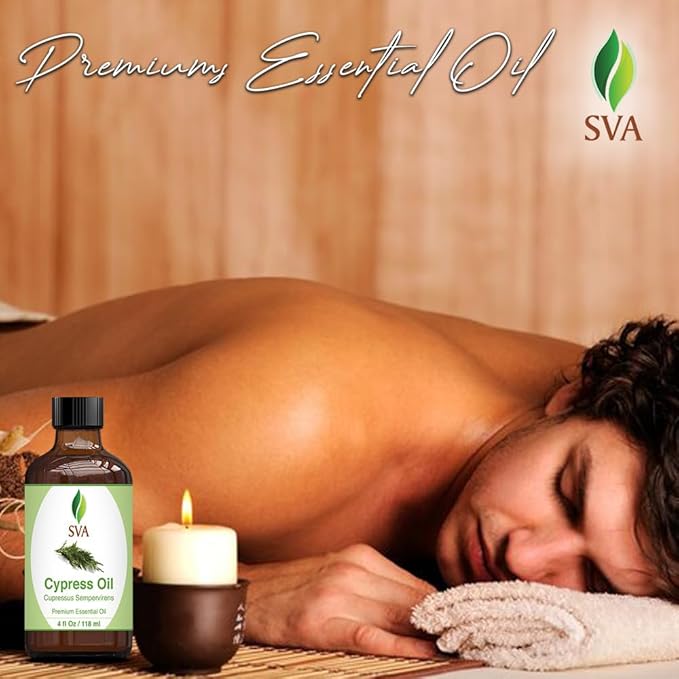 SVA Cypress Essential Oil – 4 Fl Oz – 100% Natural Cypress Oil - for Diffuser, Hair Care, Face, Skin Care, Aromatherapy, Scalp and Body Massage, Soap and Candle Making – with Dropper-Velvo Beauty